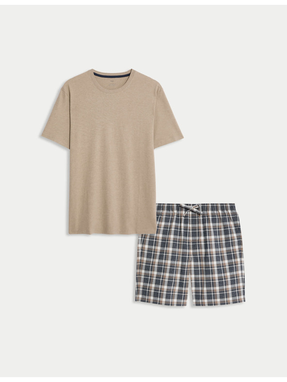 Marks & Spencer Neutralni karirani komplet pidžame od čiste pamuke Marks & Spencer kremasta