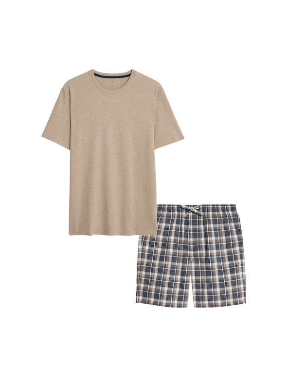 Marks & Spencer Neutralni karirani komplet pidžame od čiste pamuke Marks & Spencer kremasta