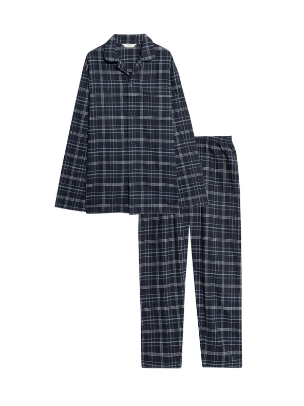 Marks & Spencer Karirani komplet pidžame od češljane pamuke Marks & Spencer mornarsko plava