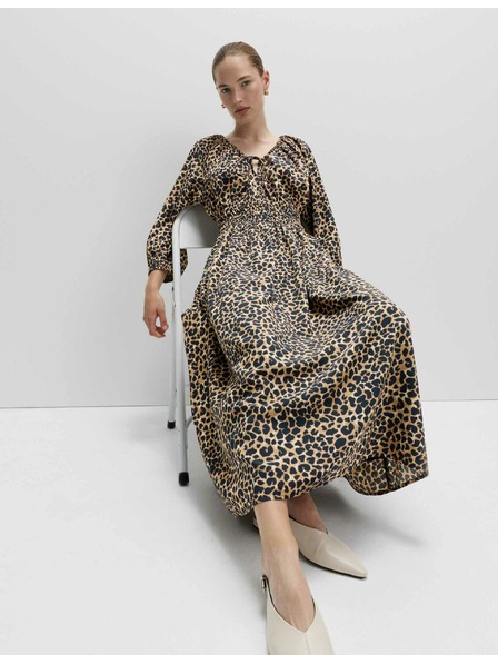 Marks & Spencer Midi haljina s naglašenim strukom, naborima, V-izrezom i životinjskim printom Marks & Spencer bež