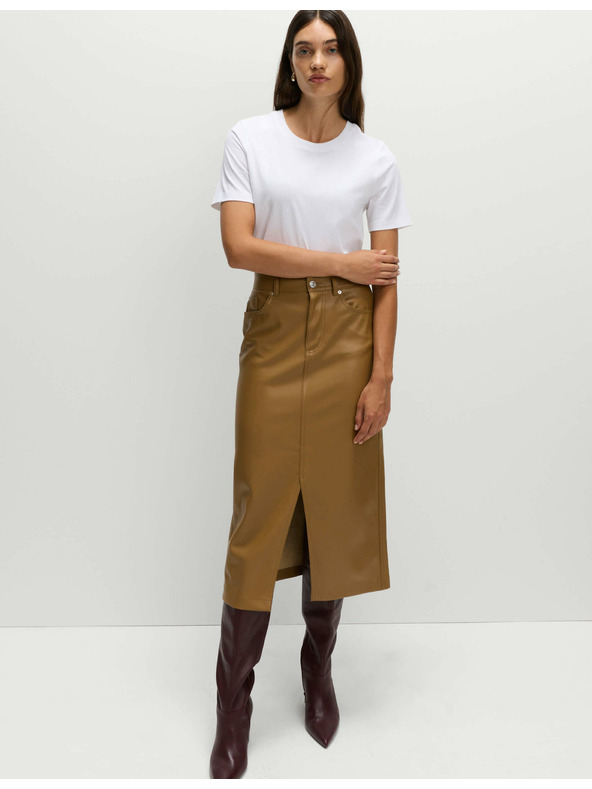 Marks & Spencer Kožna A-midi suknja s prorezom sprijeda Marks & Spencer smeđa