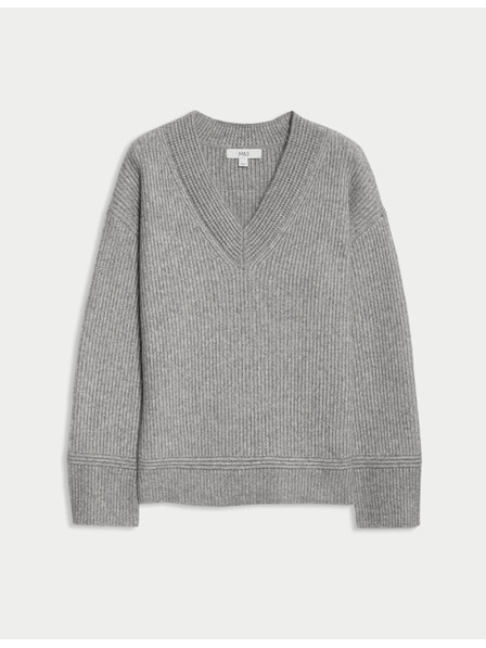 Marks & Spencer Rebrasti pulover s V-izrezom od meke prednje Marks & Spencer siva
