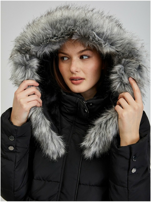 Orsay Crni ženski zimski pernati kaput s kapuljačom i umjetnim krznom O