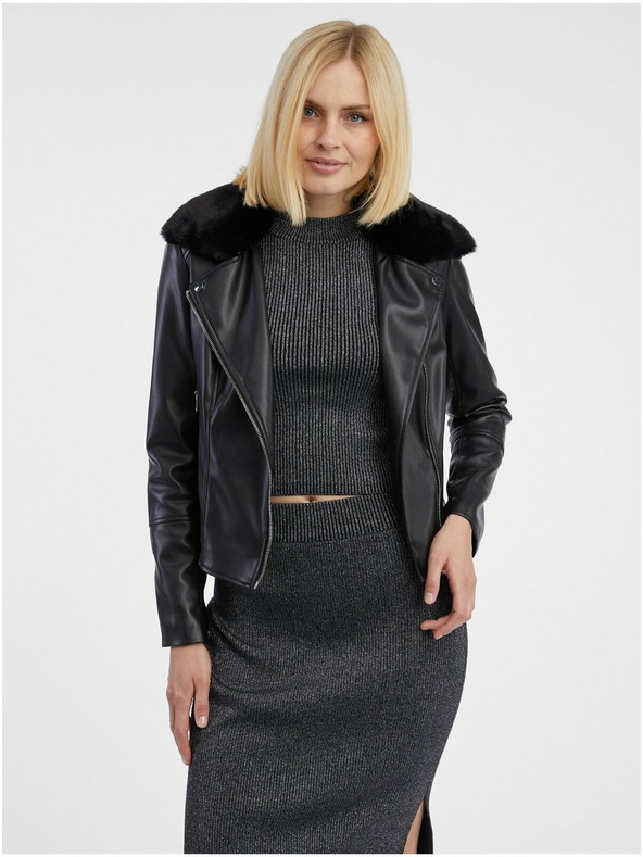 Orsay Crna ženska jakna od umjetne kože s umjetnim krznom ORSAY