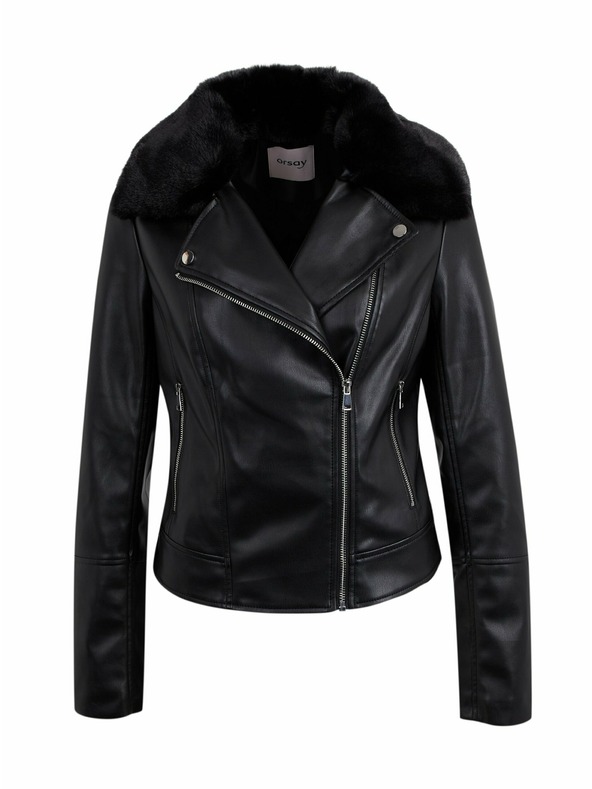 Orsay Crna ženska jakna od umjetne kože s umjetnim krznom ORSAY