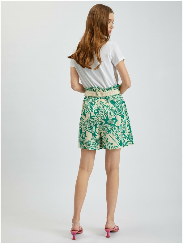 Orsay Krem-zelene ženske kratke hlače s uzorkom i primjesom lana ORSAY