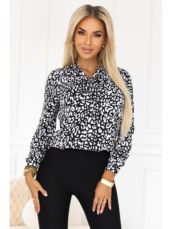 numoco Poslovna bluza s dugim rukavima i vezivanjem sprijeda - crno-bijeli uzorak