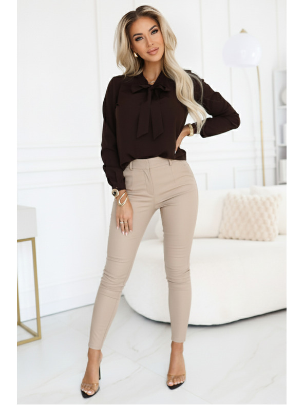 numoco Poslovna bluza s dugim rukavima i vezivanjem sprijeda - čokoladna