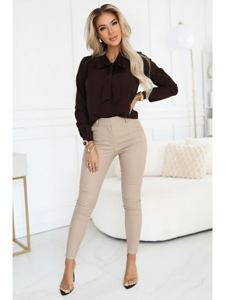 numoco Poslovna bluza s dugim rukavima i vezivanjem sprijeda - čokoladna