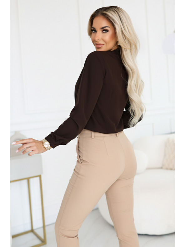 numoco Poslovna bluza s dugim rukavima i vezivanjem sprijeda - čokoladna