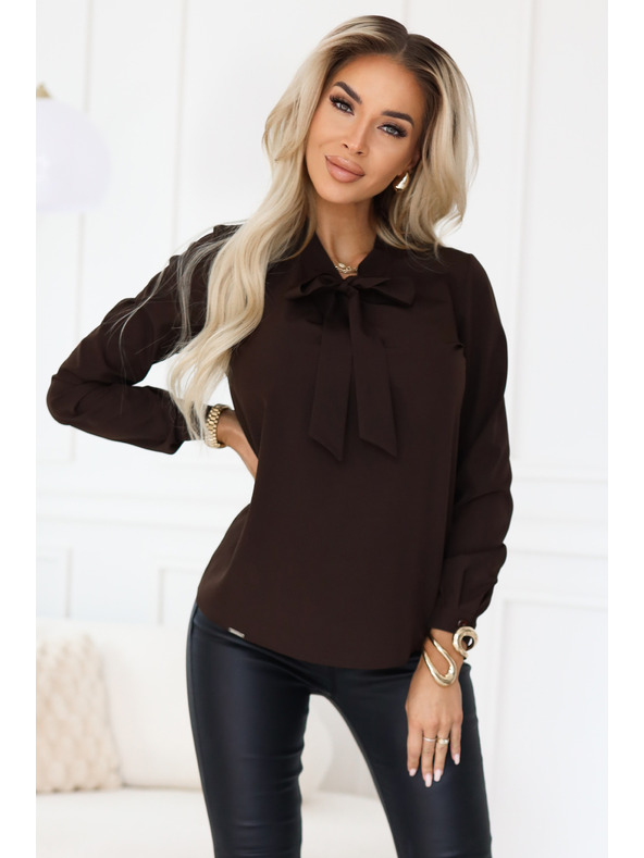 numoco Poslovna bluza s dugim rukavima i vezivanjem sprijeda - čokoladna