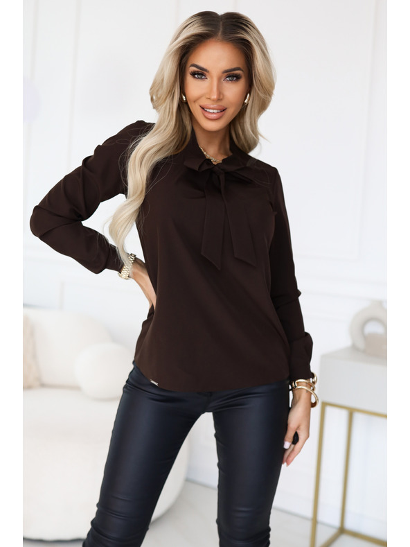 numoco Poslovna bluza s dugim rukavima i vezivanjem sprijeda - čokoladna