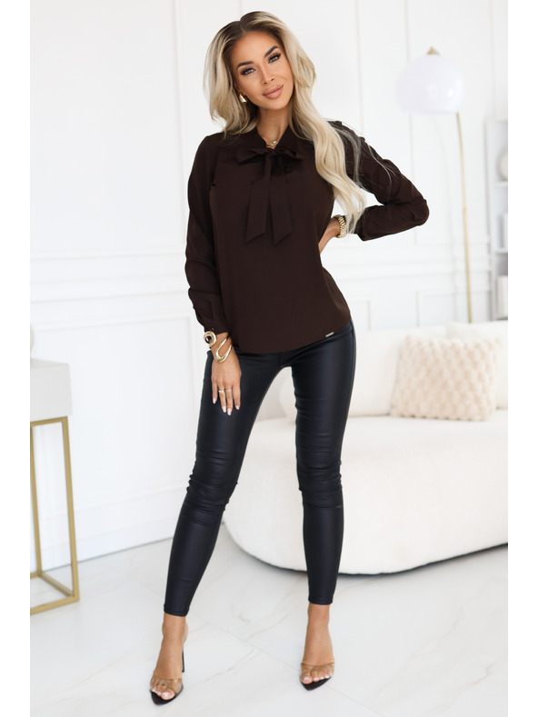 numoco Poslovna bluza s dugim rukavima i vezivanjem sprijeda - čokoladna