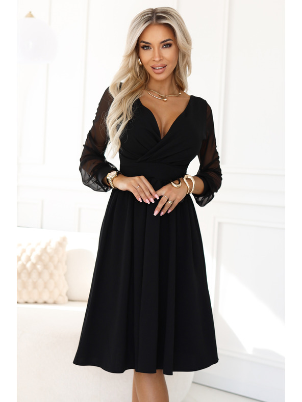 numoco Elegantne midi haljine s preklopnim izrezom i tilovim rukavima - crne