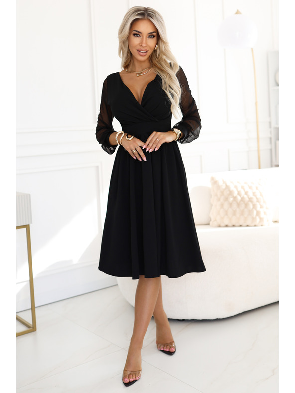 numoco Elegantne midi haljine s preklopnim izrezom i tilovim rukavima - crne