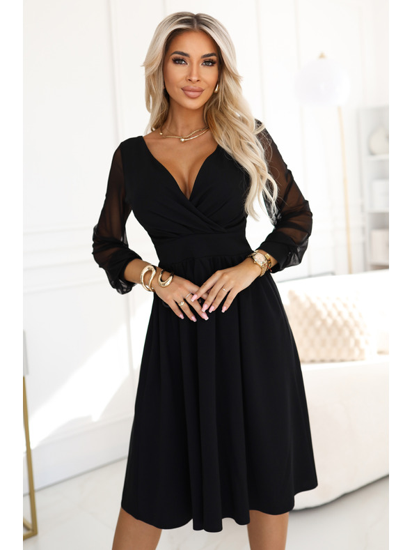 numoco Elegantne midi haljine s preklopnim izrezom i tilovim rukavima - crne