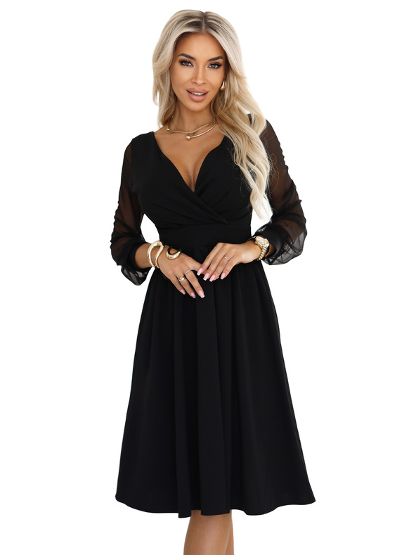 numoco Elegantne midi haljine s preklopnim izrezom i tilovim rukavima - crne