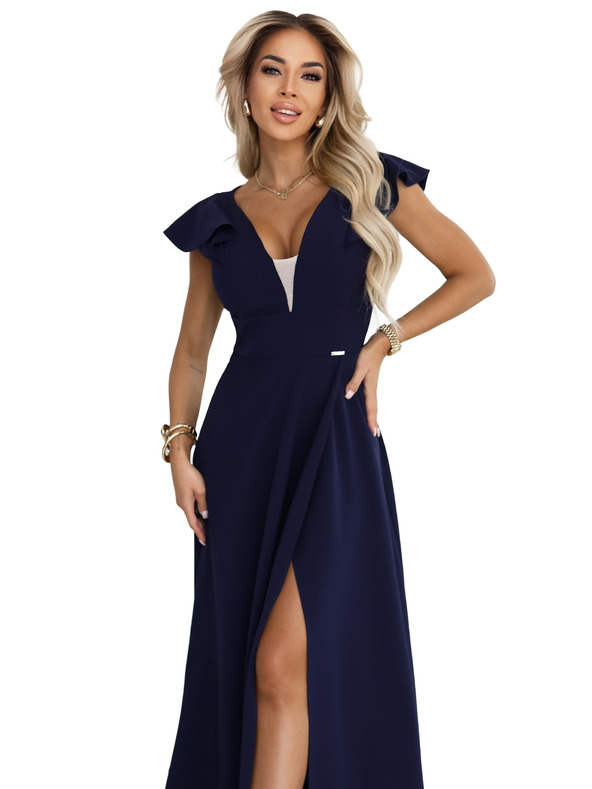 numoco Elegantne maksi haljine s volanima, dubokim izrezom i prorezom na nogavici - tamno plave