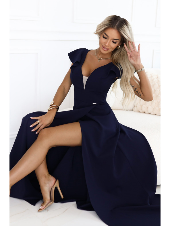 numoco Elegantne maksi haljine s volanima, dubokim izrezom i prorezom na nogavici - tamno plave