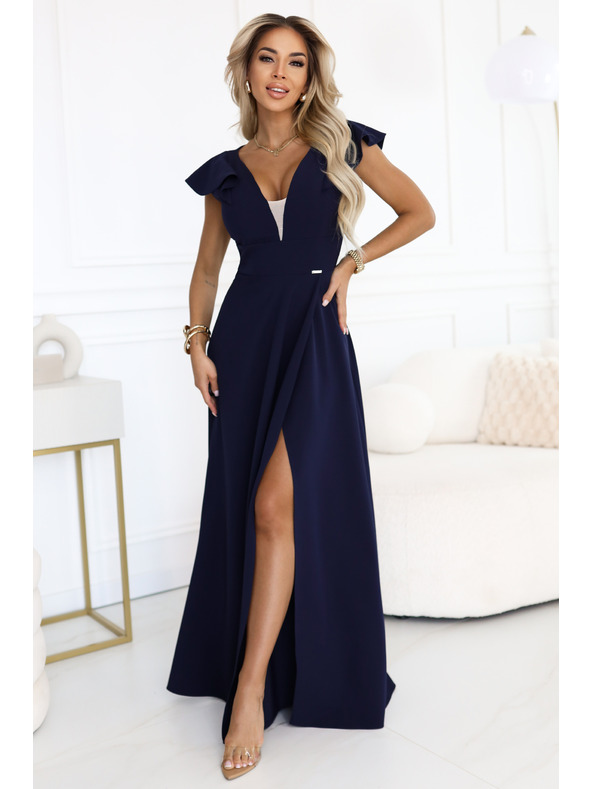 numoco Elegantne maksi haljine s volanima, dubokim izrezom i prorezom na nogavici - tamno plave