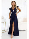 numoco Elegantne maksi haljine s volanima, dubokim izrezom i prorezom na nogavici - tamno plave