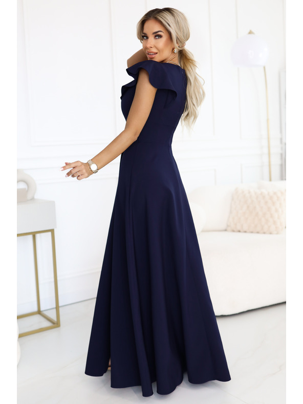 numoco Elegantne maksi haljine s volanima, dubokim izrezom i prorezom na nogavici - tamno plave