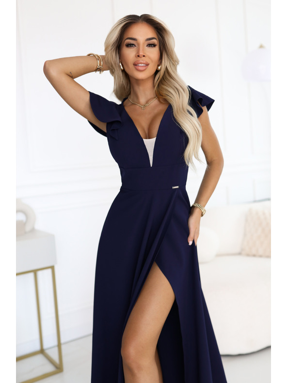 numoco Elegantne maksi haljine s volanima, dubokim izrezom i prorezom na nogavici - tamno plave