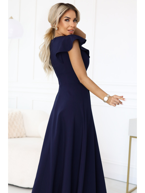 numoco Elegantne maksi haljine s volanima, dubokim izrezom i prorezom na nogavici - tamno plave