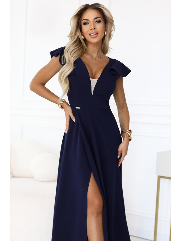 numoco Elegantne maksi haljine s volanima, dubokim izrezom i prorezom na nogavici - tamno plave