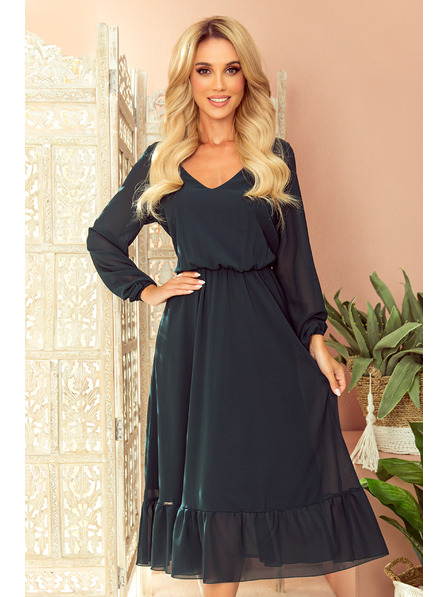 numoco Šifon midi haljine s izrezom i ovratnikom - zelene