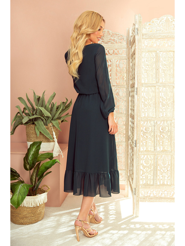 numoco Šifon midi haljine s izrezom i ovratnikom - zelene