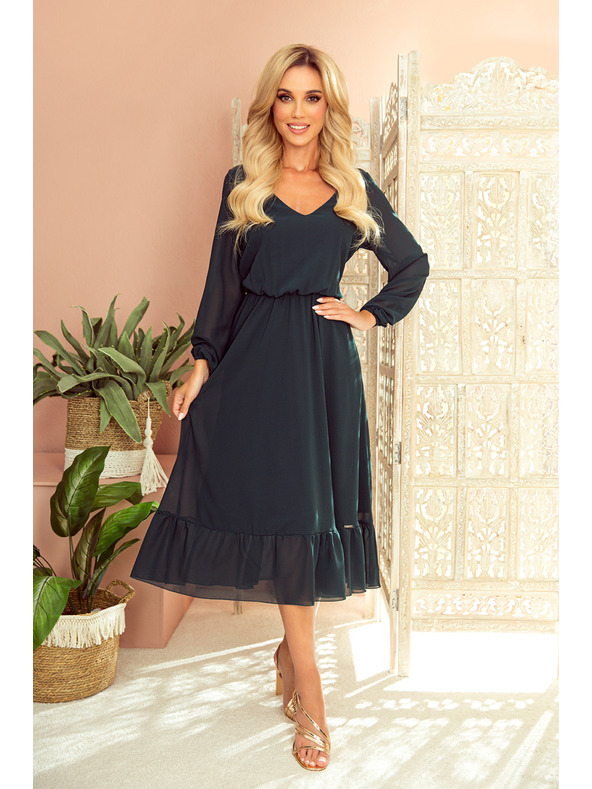 numoco Šifon midi haljine s izrezom i ovratnikom - zelene