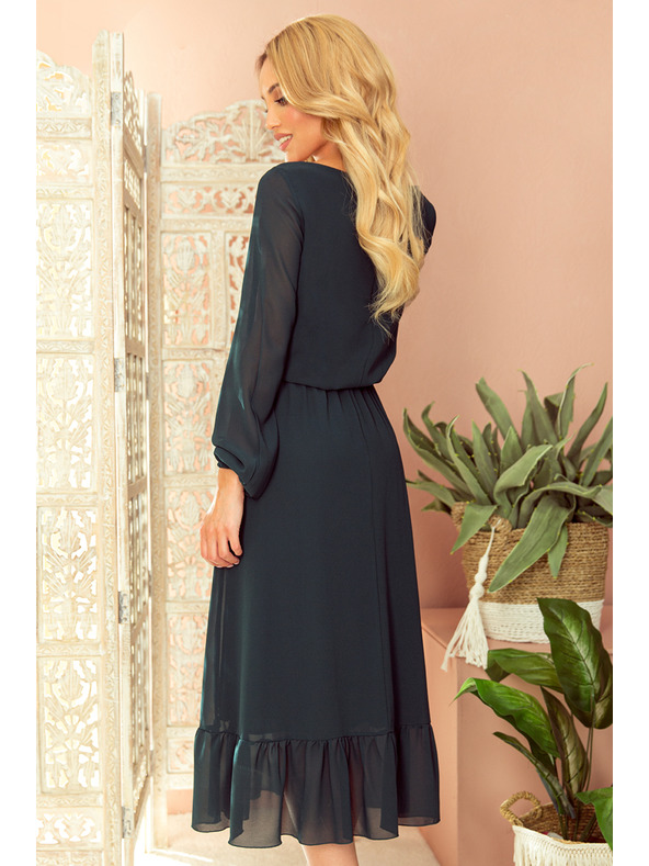 numoco Šifon midi haljine s izrezom i ovratnikom - zelene