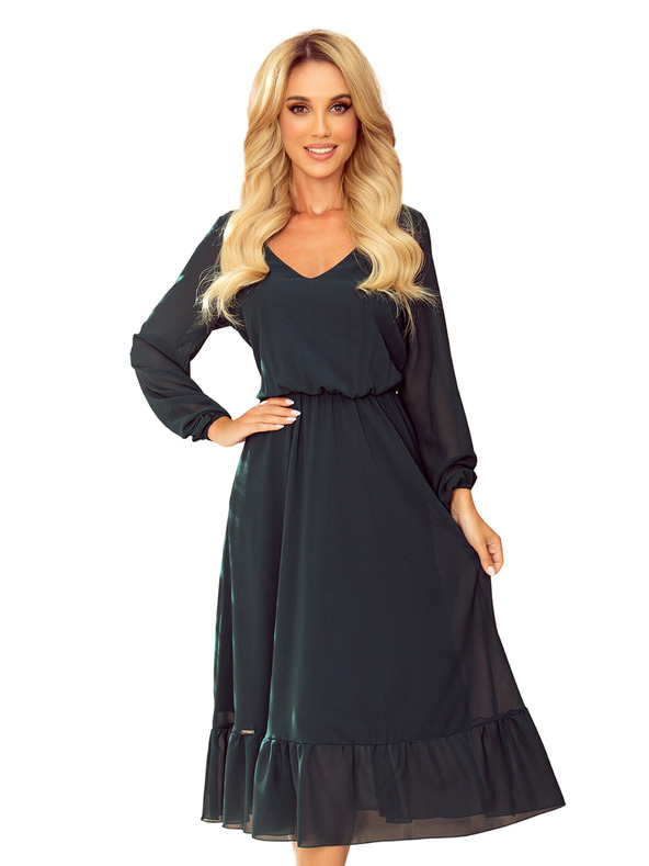 numoco Šifon midi haljine s izrezom i ovratnikom - zelene