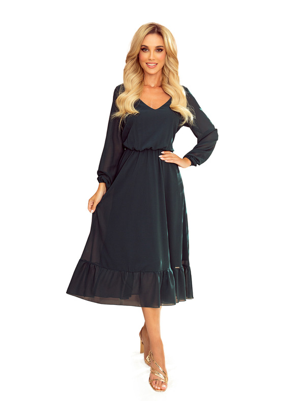 numoco Šifon midi haljine s izrezom i ovratnikom - zelene