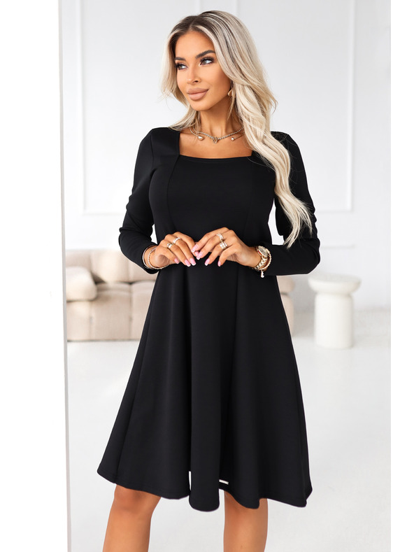 numoco IVANA udobne trapezaste haljine s izrezom i dugim rukavom - crne