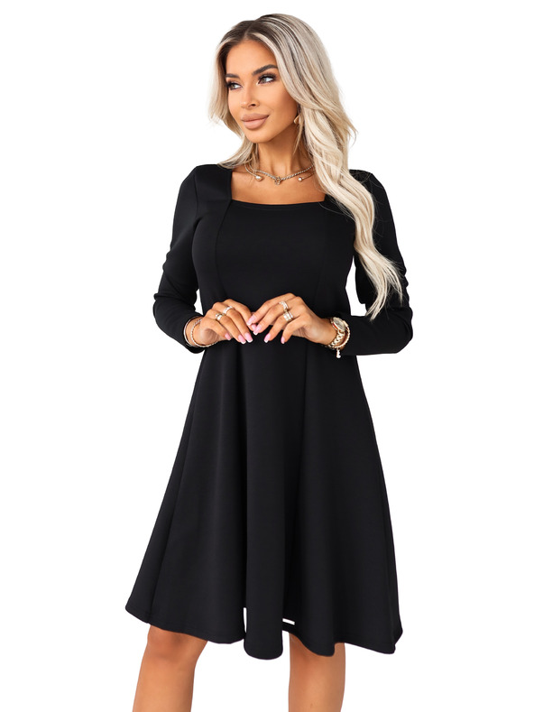 numoco IVANA udobne trapezaste haljine s izrezom i dugim rukavom - crne