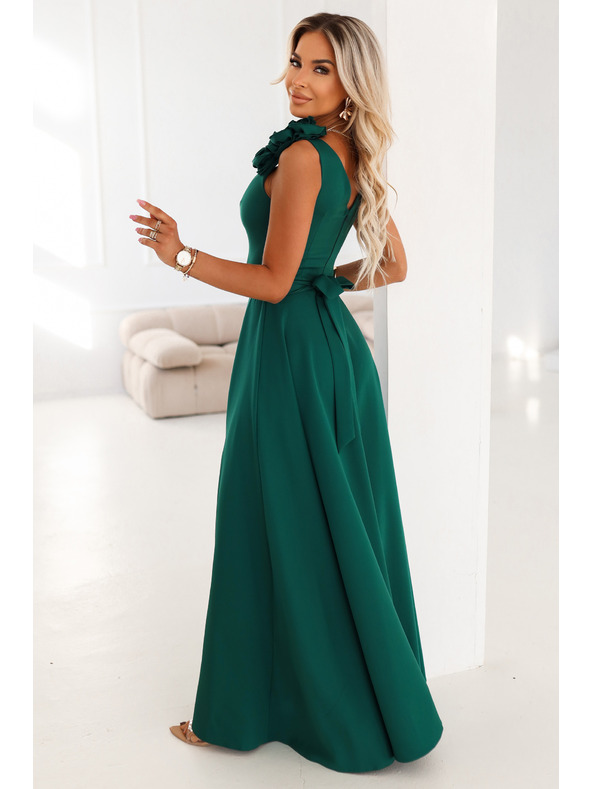 numoco Elegantne večernje maxi haljine s prorezom i ružama - boce zelene