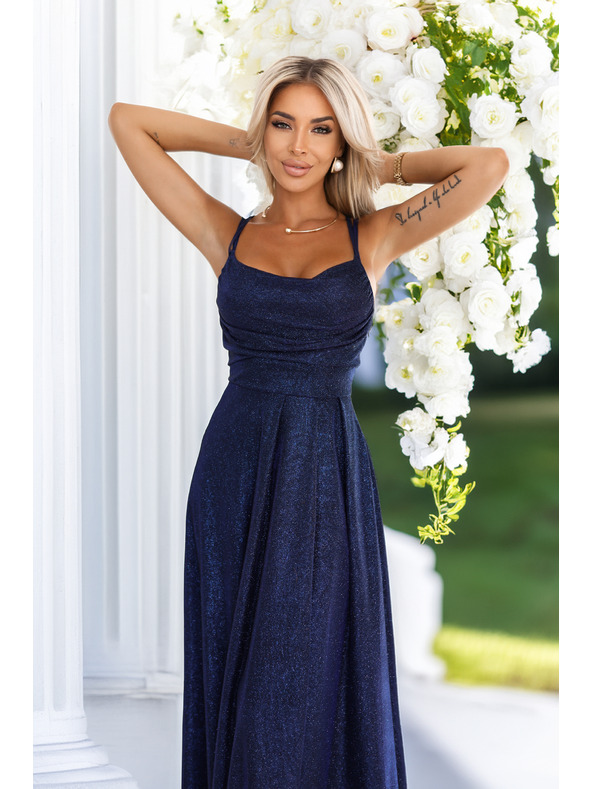 numoco Duge haljine s blagim sjajem i korzetnim vezivanjem na stražnjoj strani - tamno plava sa šljokicama