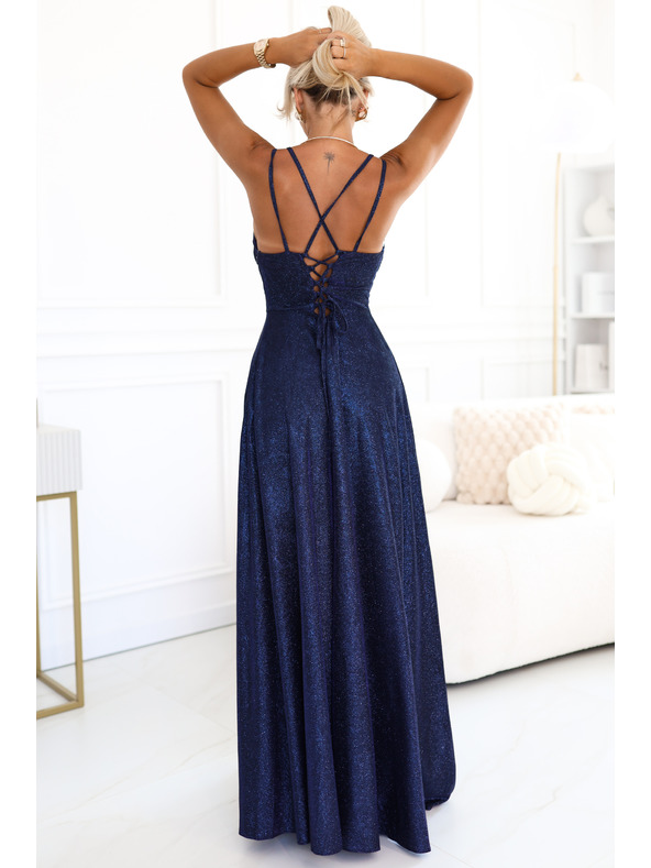 numoco Duge haljine s blagim sjajem i korzetnim vezivanjem na stražnjoj strani - tamno plava sa šljokicama