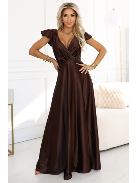 numoco CRYSTAL satenaste duge haljine s izrezom - čokoladne