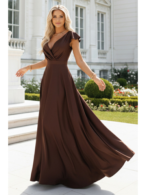 numoco CRYSTAL satenaste duge haljine s izrezom - čokoladne
