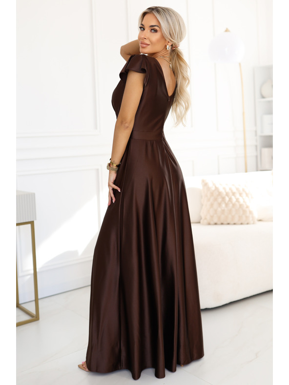 numoco CRYSTAL satenaste duge haljine s izrezom - čokoladne
