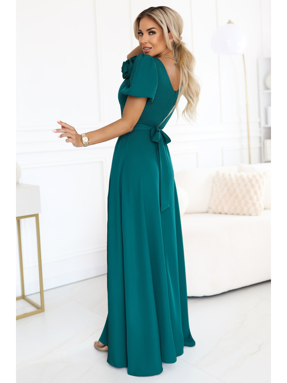 numoco Elegantne duge svečane haljine s cvijetom, pojasom i visokim prorezom - boce zelena