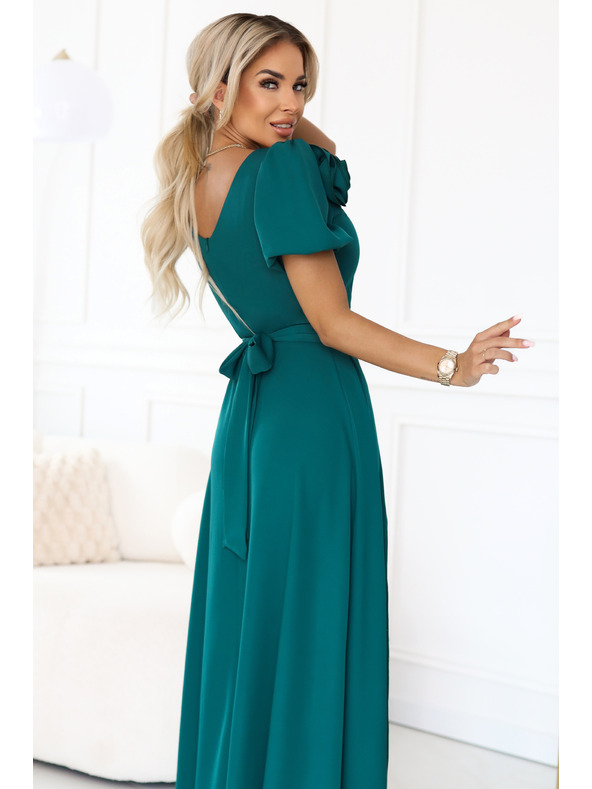 numoco Elegantne duge svečane haljine s cvijetom, pojasom i visokim prorezom - boce zelena