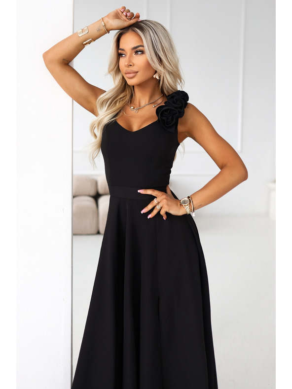 numoco Elegantne maxi večernje haljine s prorezom i ružama - klasična crna