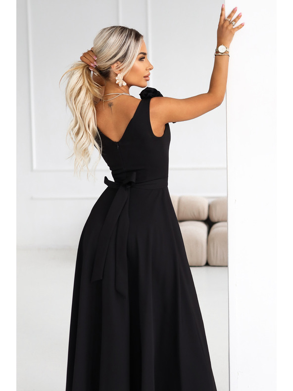 numoco Elegantne maxi večernje haljine s prorezom i ružama - klasična crna