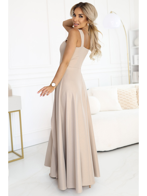 numoco AURELIA duge haljine s prorezom i dijamantskim dekolteom - bež s šljokicama
