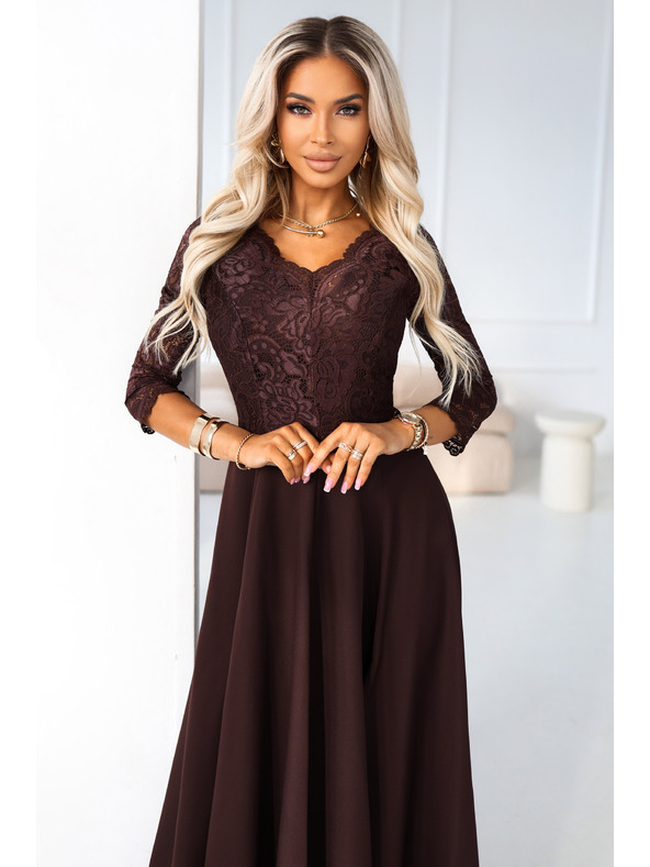 numoco AMBER elegantne duge čipkaste haljine s dekolteom - čokoladne