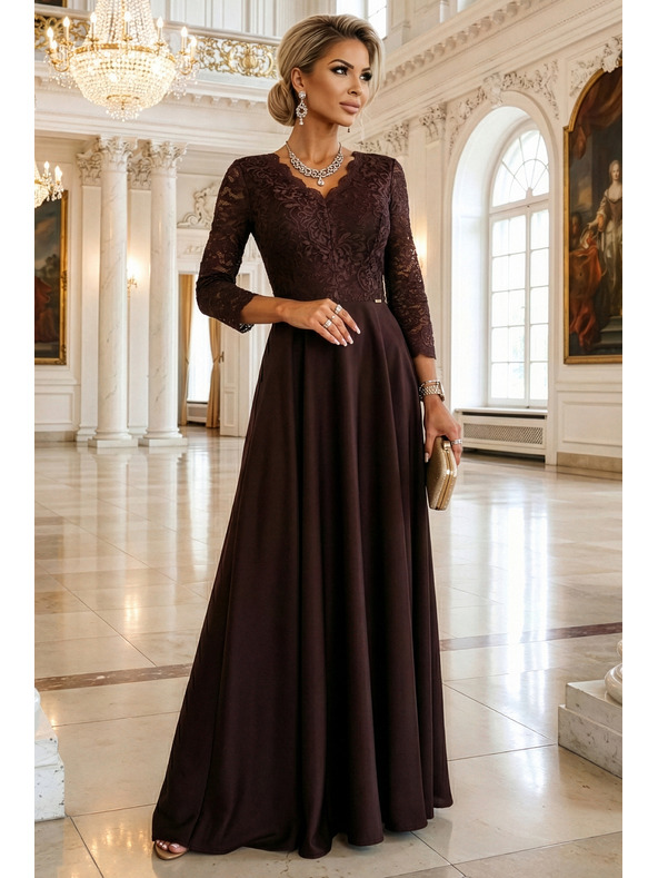 numoco AMBER elegantne duge čipkaste haljine s dekolteom - čokoladne